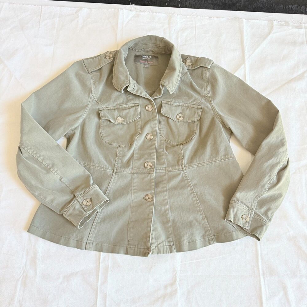 Torrid Olive Green Stretch Twill Peplum Utility Jacket - Size 0 (US 12/L)